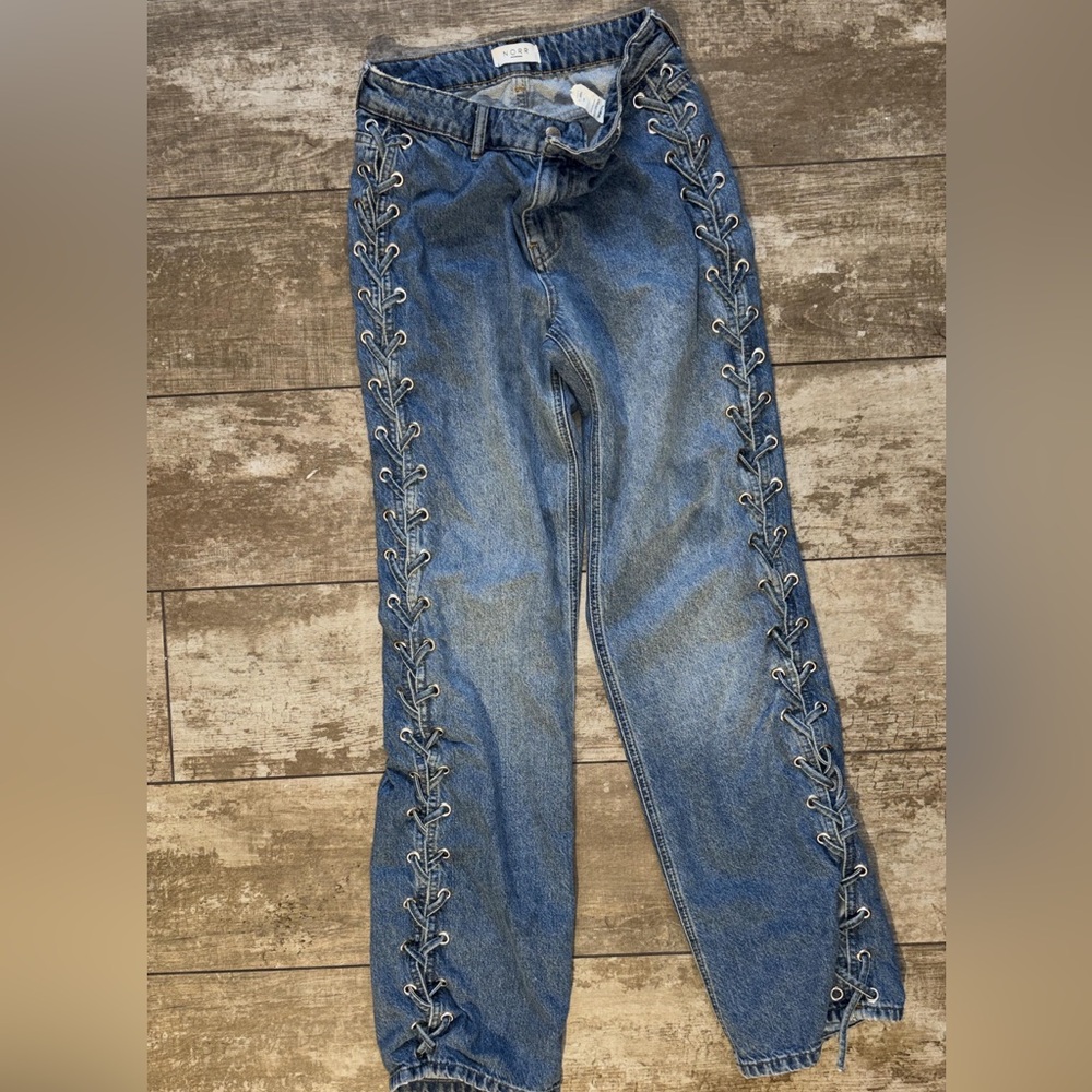 Vintage Women's Lace-Up Side Seam Denim Wide Leg Jeans - Blue